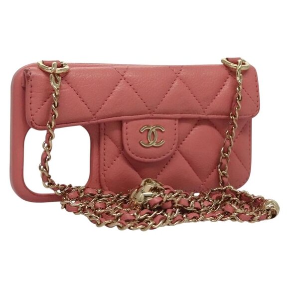 CHANEL Matelasse Chain iPhone Case Lamb Skin Pink CC Auth PP819 - Picture 5 of 15